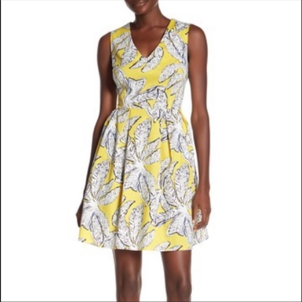 MelloDay Palm Flora Yellow Fit and Flare dress size small